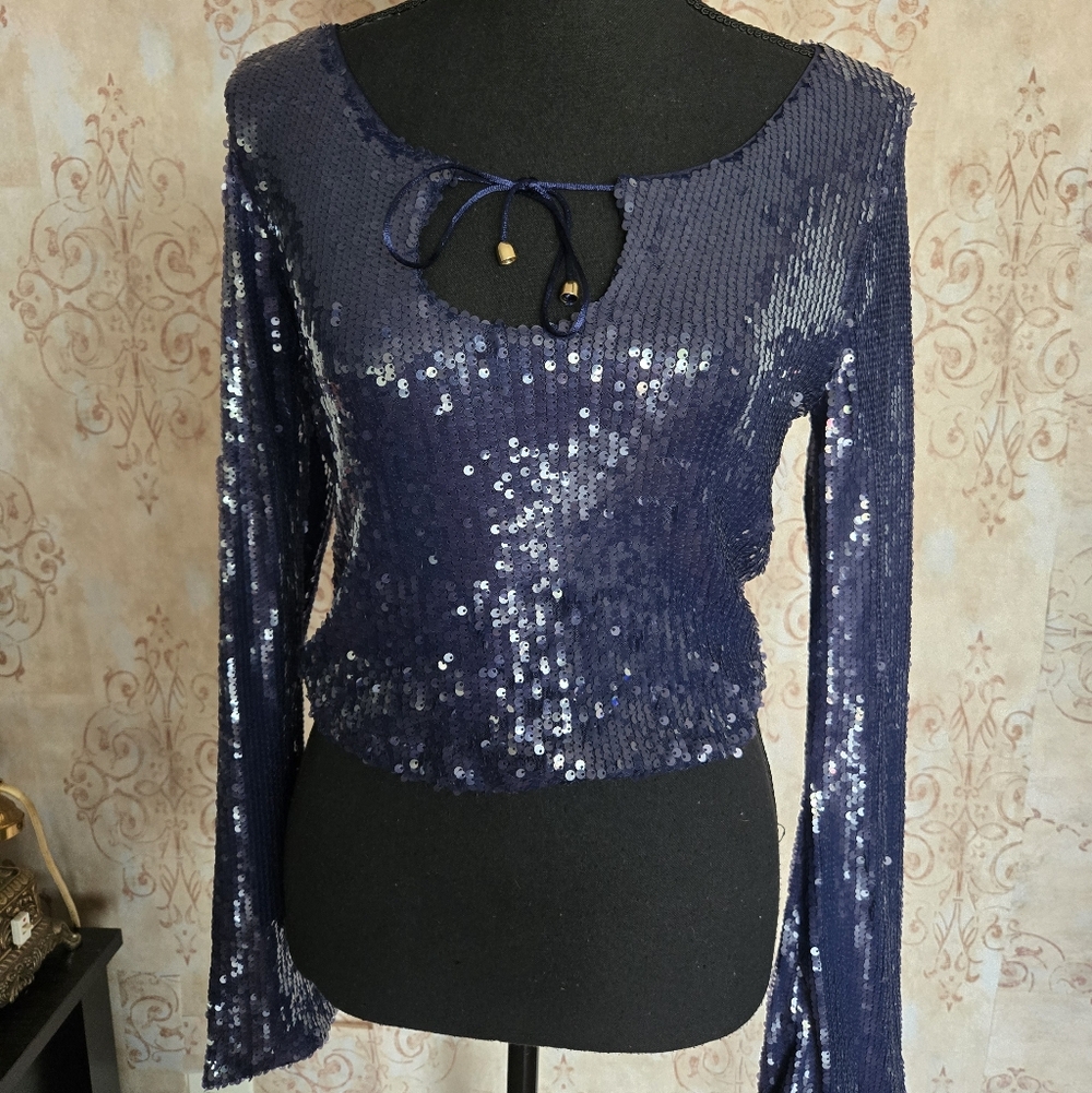 WILD FABLE Blue Sequin Long Bell Sleeves Top NWTs Size XS